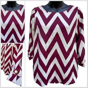 Chevron 3/4 Sleeve Silky Burgundy & White Blouse Dina Be Women’s S Business